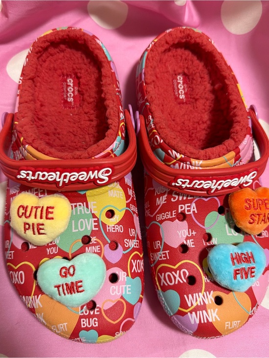 CROCS Shoes - CROCS Red Conversation Heart Clogs with Plush Lining and Heart Charms